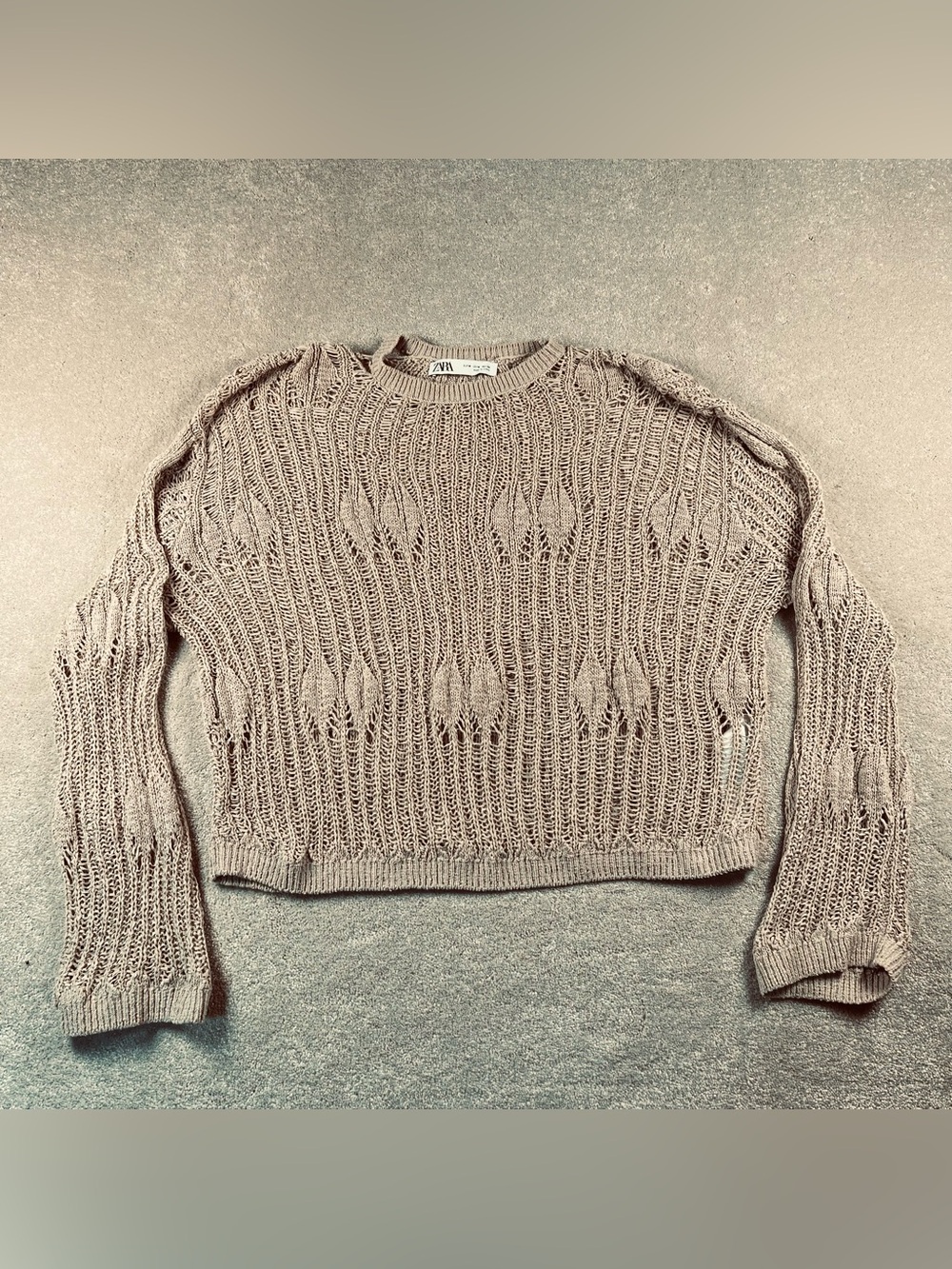 Zara Sweater Beige Crew Loose Knit See Through Lightweight Long Sleeve Women's M